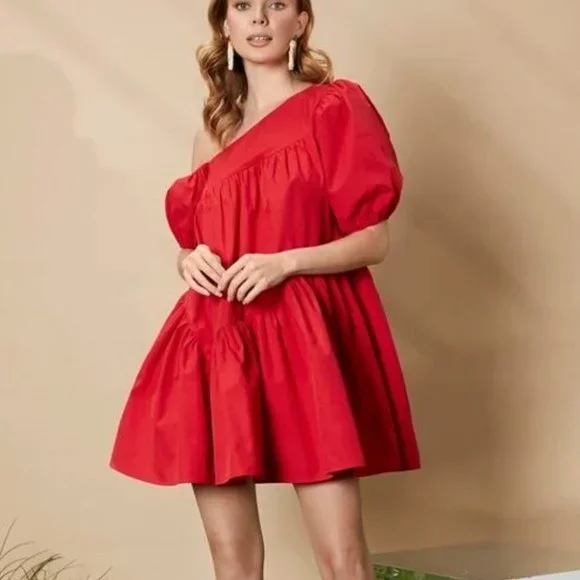 Puff Sleeve Ruffle Hem Asymmetrical Neck Smock Dress Red - Picture 1 of 8